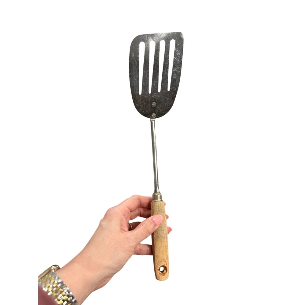 Vintage Ekco USA Slotted Spatula Wood Handle Stainless Steel Turner MCM Kitchen
